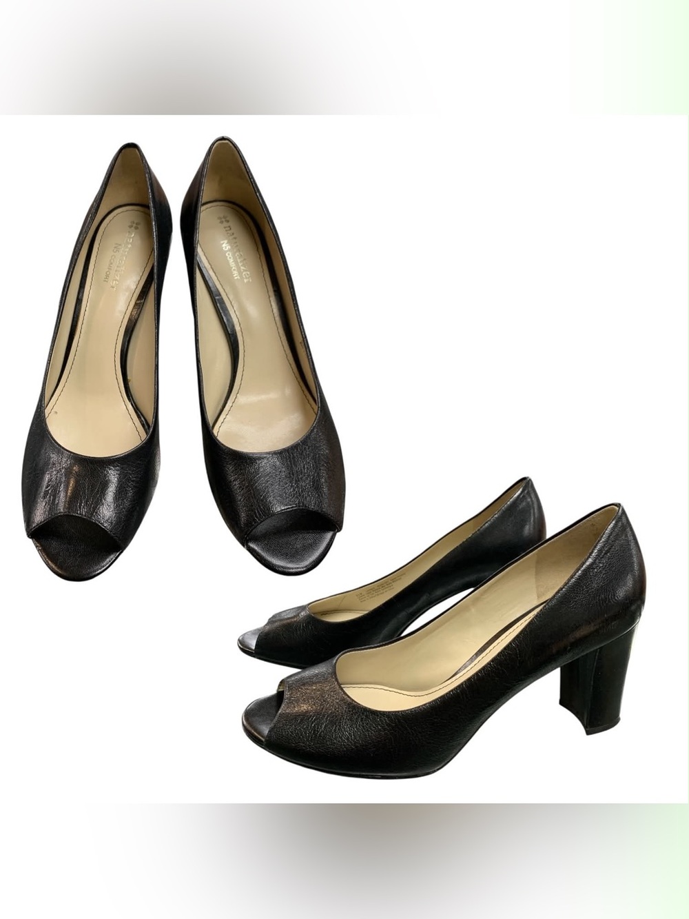 Naturalizer Black Leather Peep Toe Block Heels S8.5